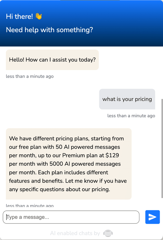 A SAAS brand’s widget answering questions related to pricing